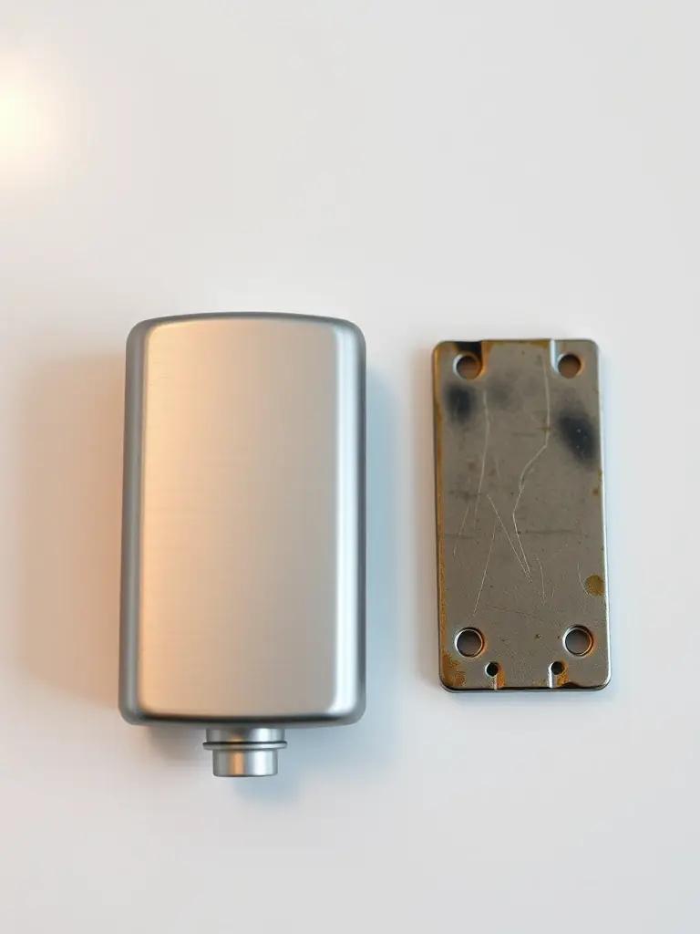 A brand new, gleaming OEM part next to a worn-out, generic replacement part, visually demonstrating the quality difference.