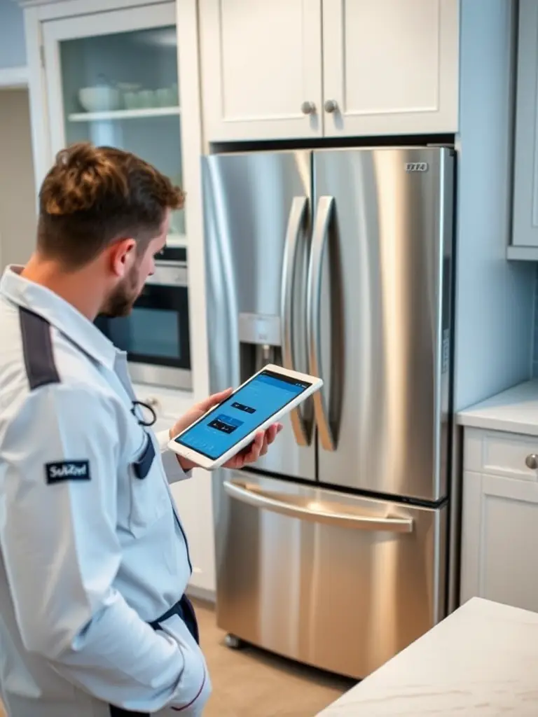 A Sub-Zero refrigerator in a modern kitchen setting, with a technician diagnosing a minor issue using diagnostic tools.