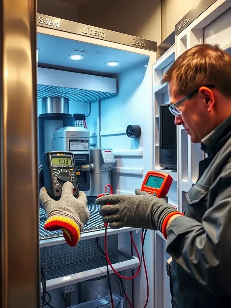 A close-up of a technician using specialized tools to diagnose an issue with a Sub-Zero refrigerator's compressor in a residential setting.