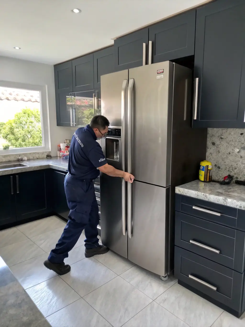A close-up shot of a technician installing a new OEM part in a Sub-Zero refrigerator.