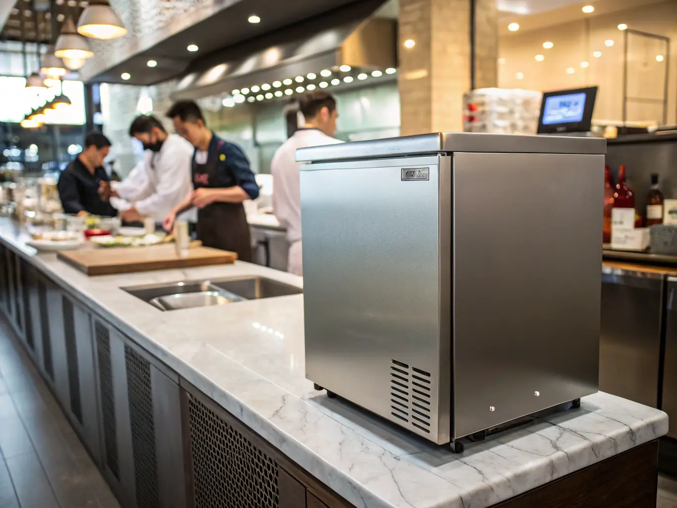 A photograph of a Sub-Zero refrigerator in a commercial kitchen in Downtown Portland, emphasizing the fast-paced environment and the importance of reliable appliance performance.
