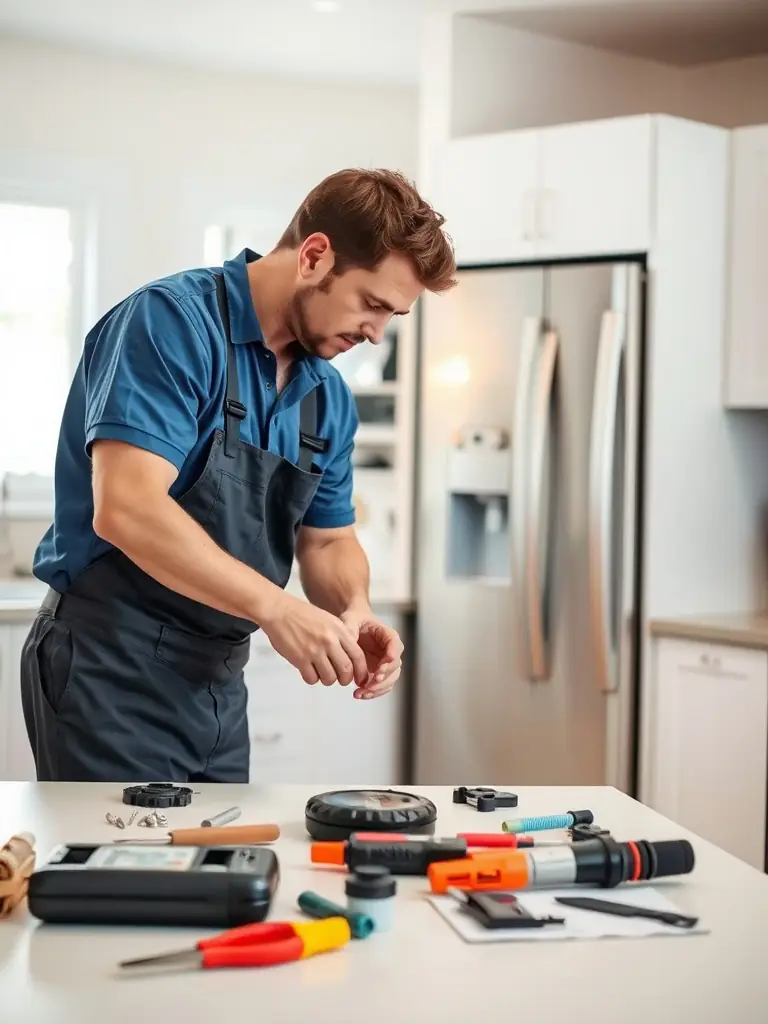 A homeowner smiling as a technician completes a repair on their Sub-Zero refrigerator, highlighting customer satisfaction and reliable service.