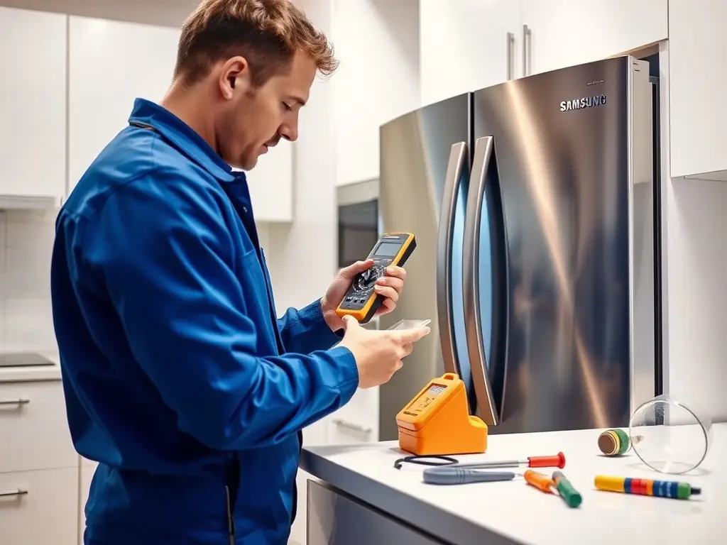 A high-quality photograph showcasing a Sub-Zero refrigerator being serviced in a modern kitchen in Northwest Portland, with a focus on the technician's attention to detail and the clean, upscale environment.