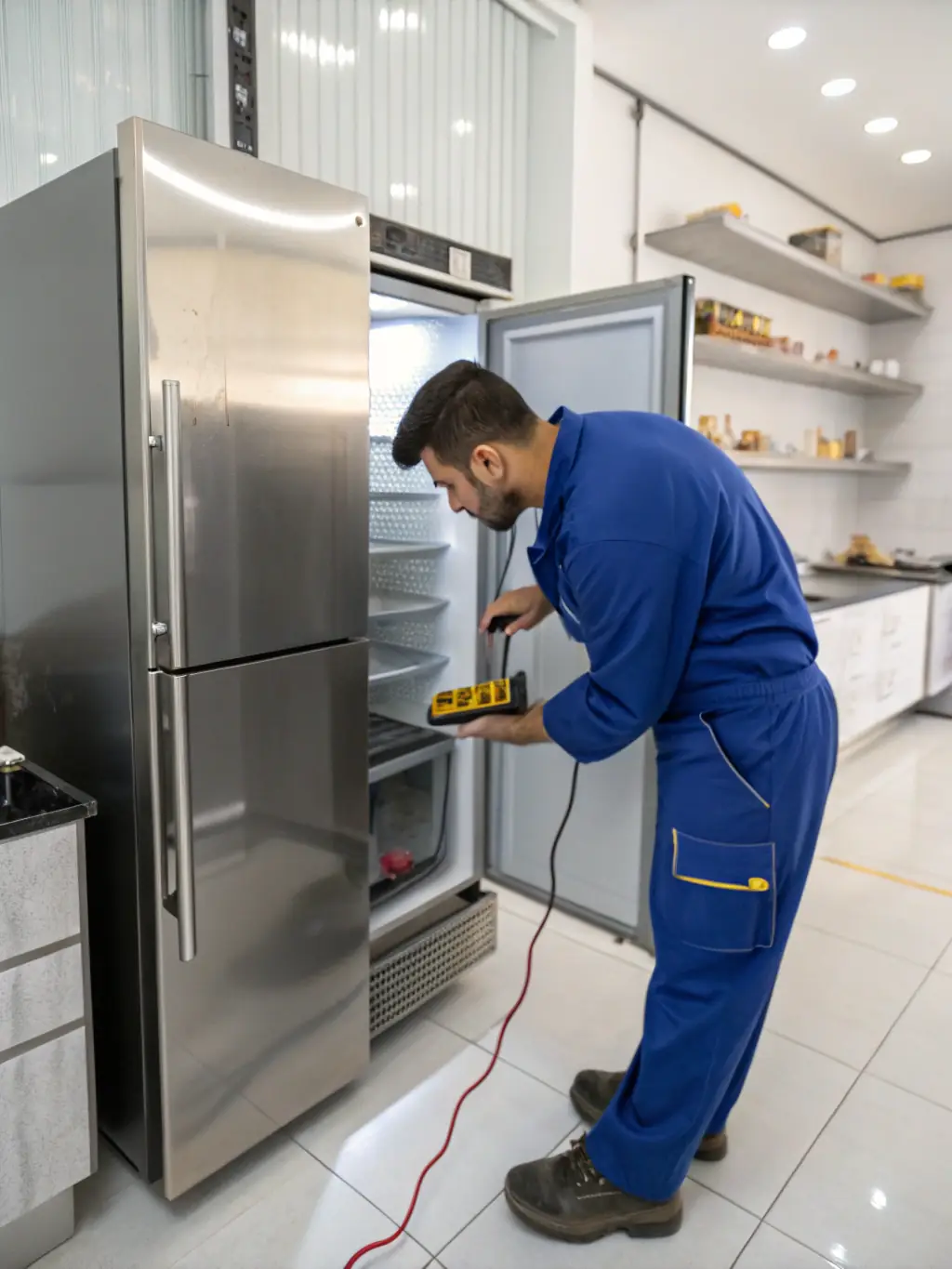 A technician using diagnostic equipment to troubleshoot a Sub-Zero refrigerator issue.