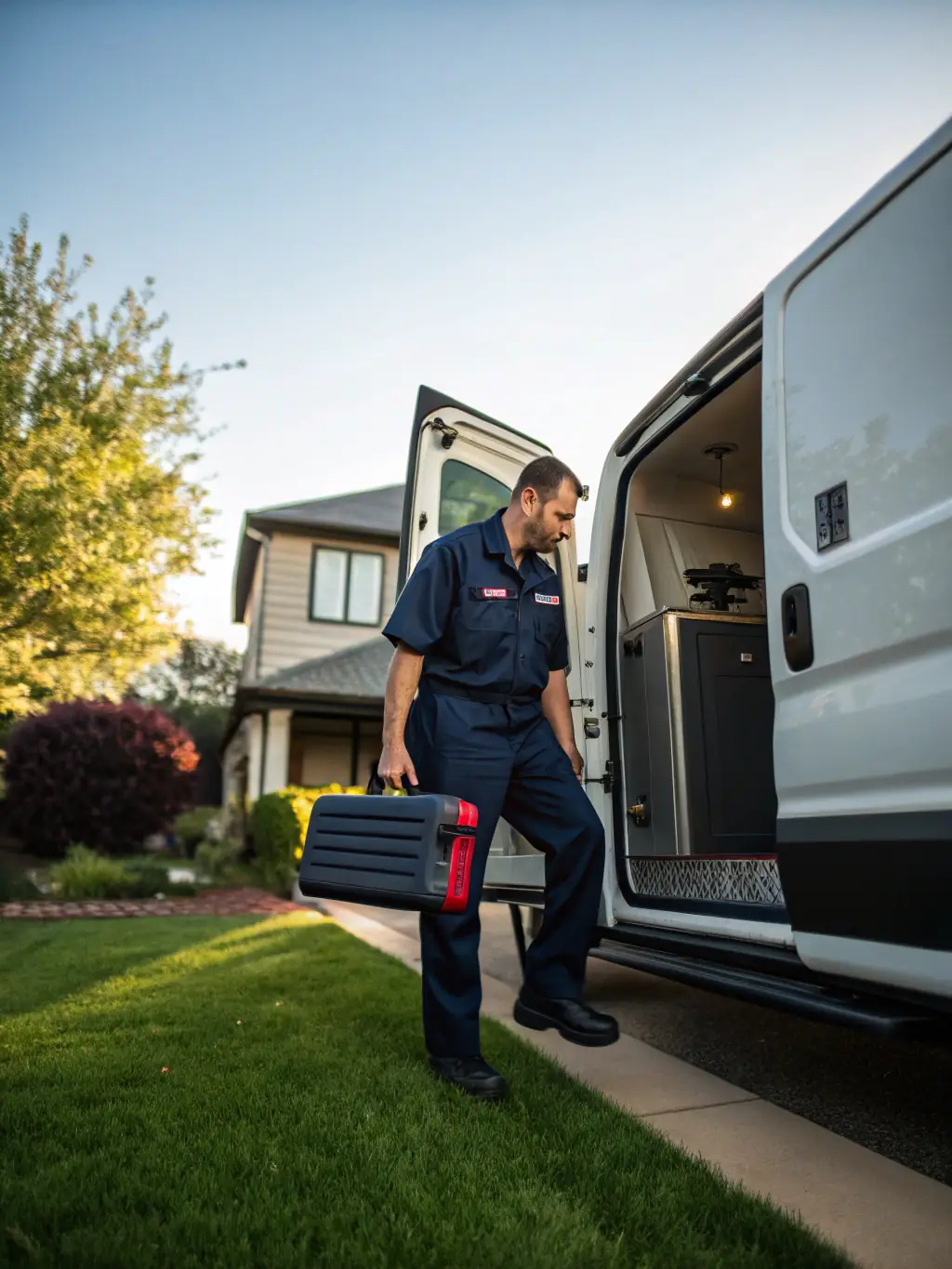 A service van arriving promptly at a customer's home, showcasing the company's commitment to timely service.