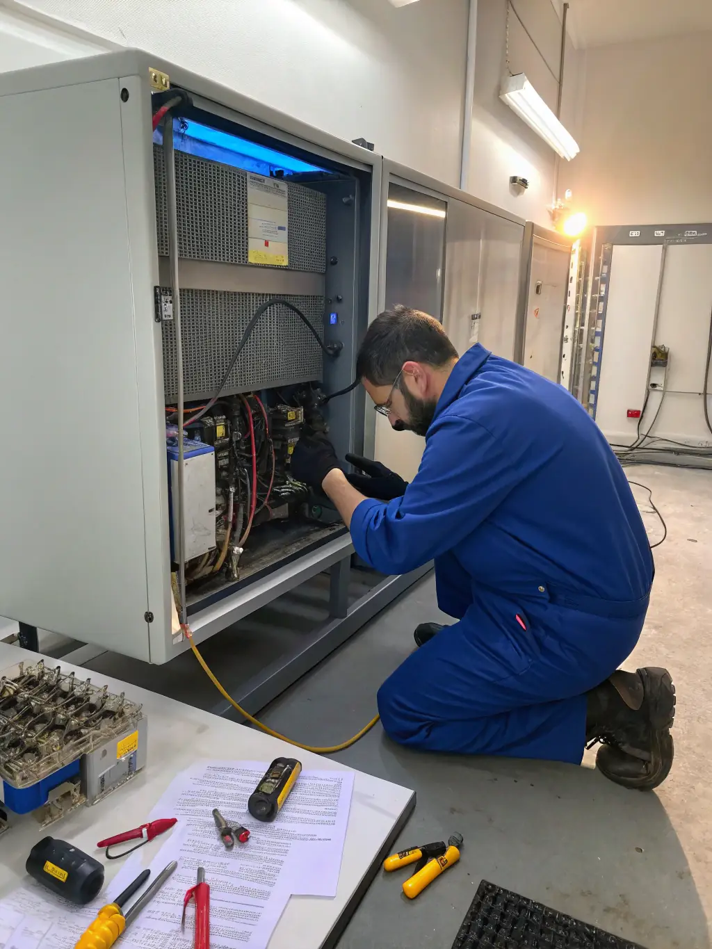 A close-up of a technician working on the complex components of a Sub-Zero commercial refrigerator unit.